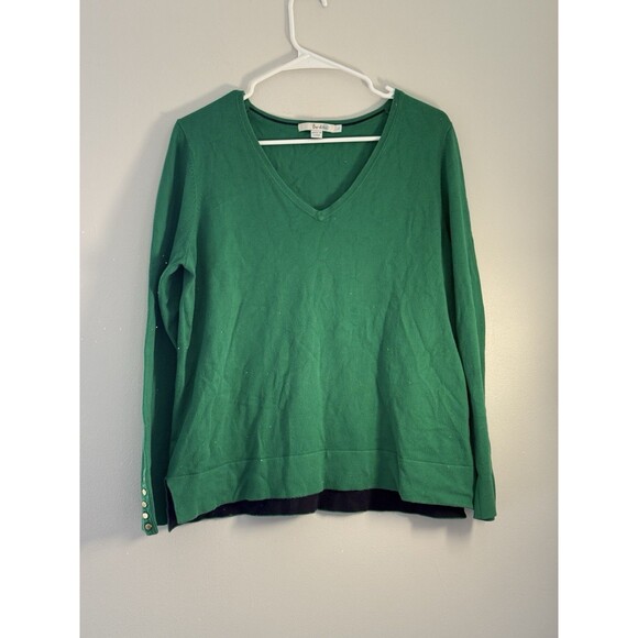 Boden Sweater Womens Large Green Blue V Neck Gold Button Cotton Sleeve corpcore - Picture 1 of 7
